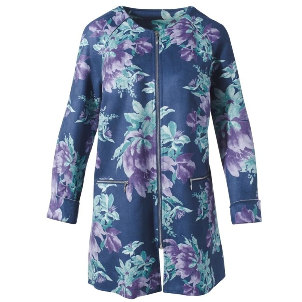 Chico's Blooming Floral Faux-Suede Long Zip Front Jacket Size XL Blue Purple